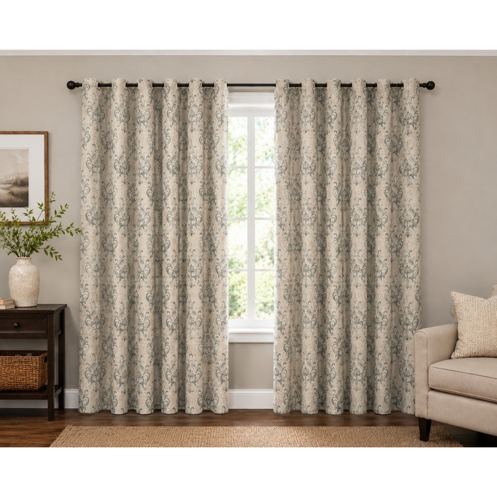 TAHARI Homes Elegant Neutral Damask Curtain Panels Set 4 Linen Look 48x80